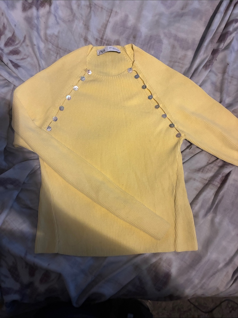 Zara Yellow Ribbed Long Sleeve Top with Button Detail